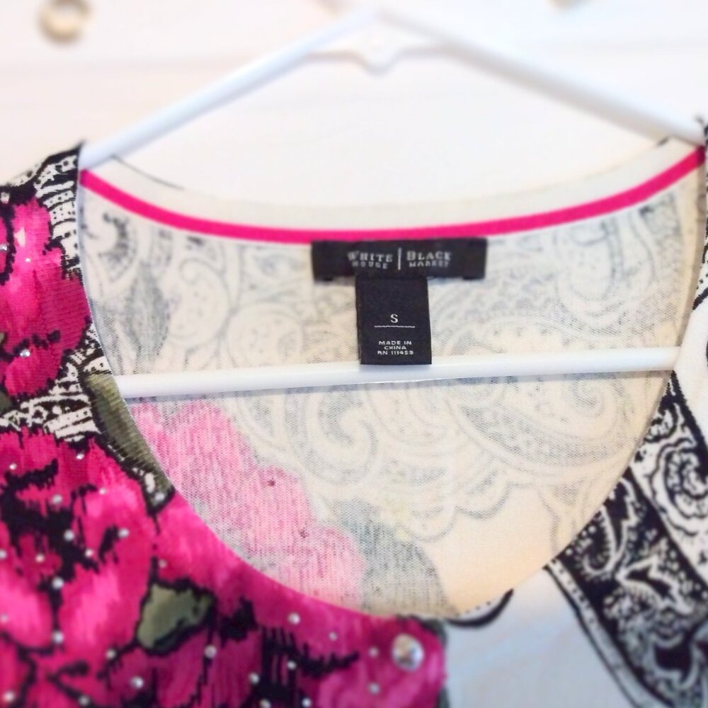 White House Black Market Rhinestone Floral Cardigan S Boho Chic Cottagecore - Picture 7 of 9